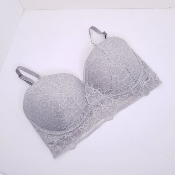 new PINK Victoria’s Secret Push Up Padded Bralette Lace Long Line MEDIUM Silver - Picture 1 of 13